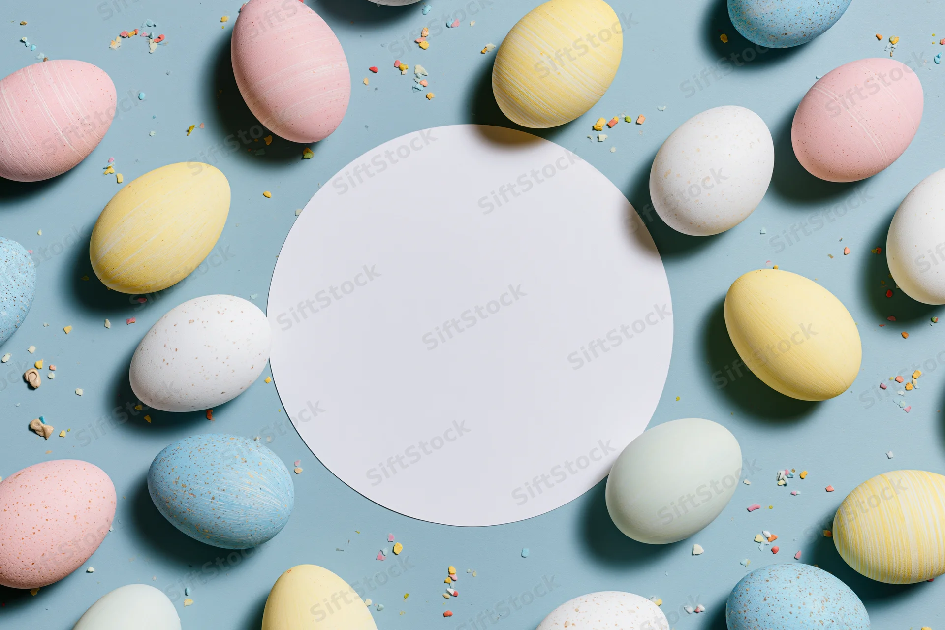 Decorated easter eggs arranged in a flat lay on a pastel blue surface with copyspace in the center