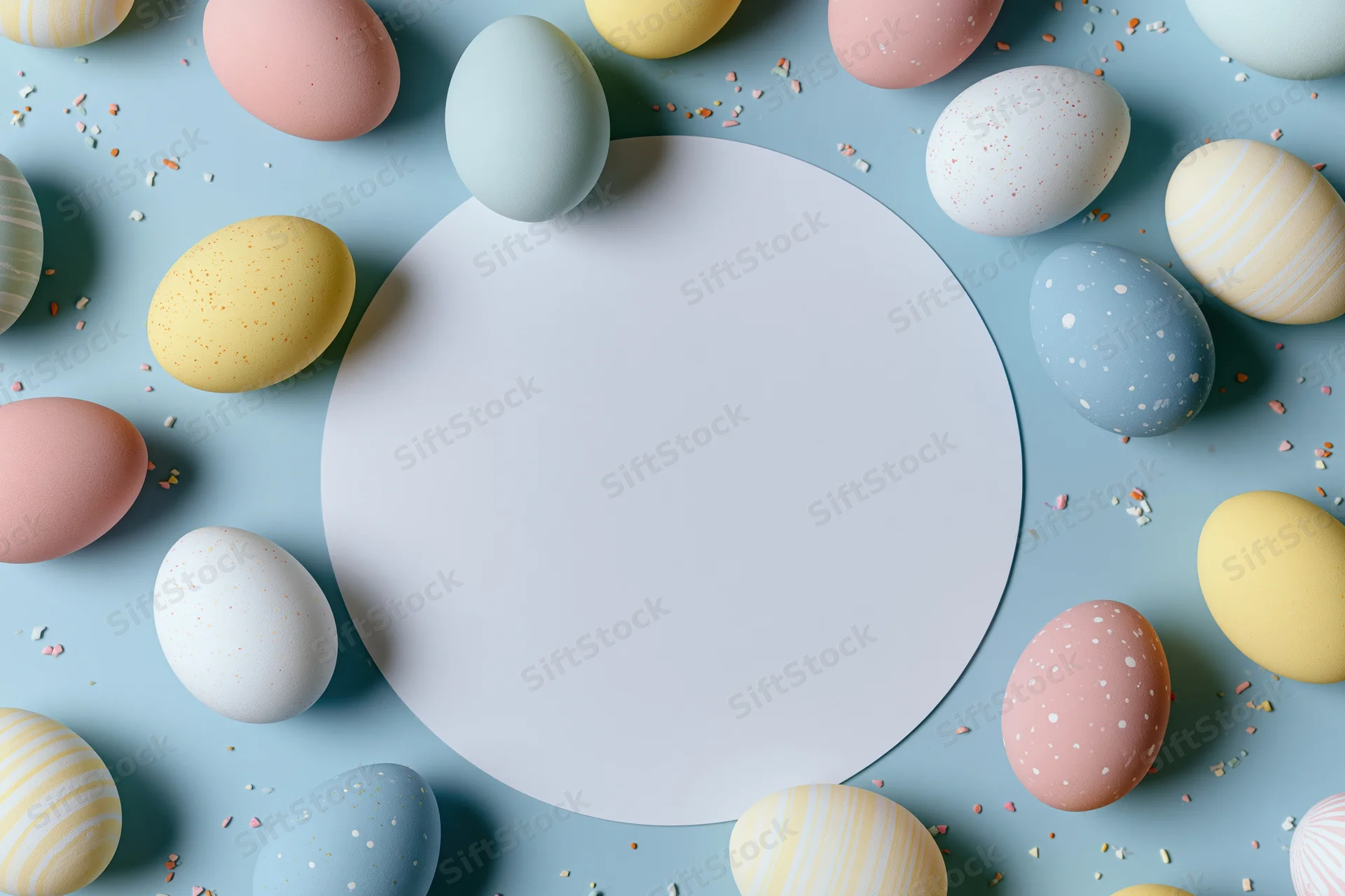 Decorated easter eggs arranged in a circle around a blank white paper circle on a pastel blue surface