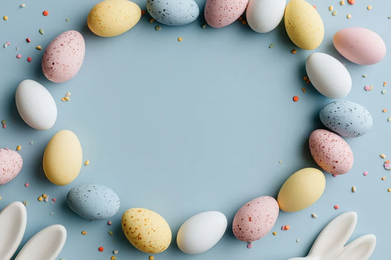 Decorated easter eggs arranged in a circular frame on a light blue surface with scattered confetti and bunny ears at the bottom corners