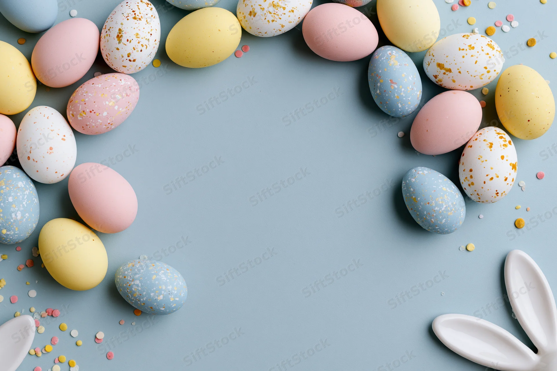 Decorated easter eggs arranged in a frame on a pastel blue surface with bunny ears and confetti