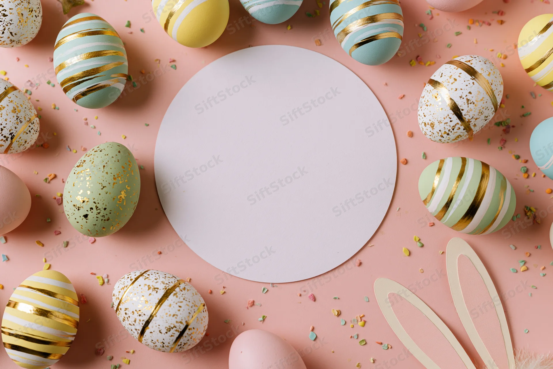 Decorated easter eggs arranged in a circle around a white circular mockup on a pink surface with confetti and bunny ears