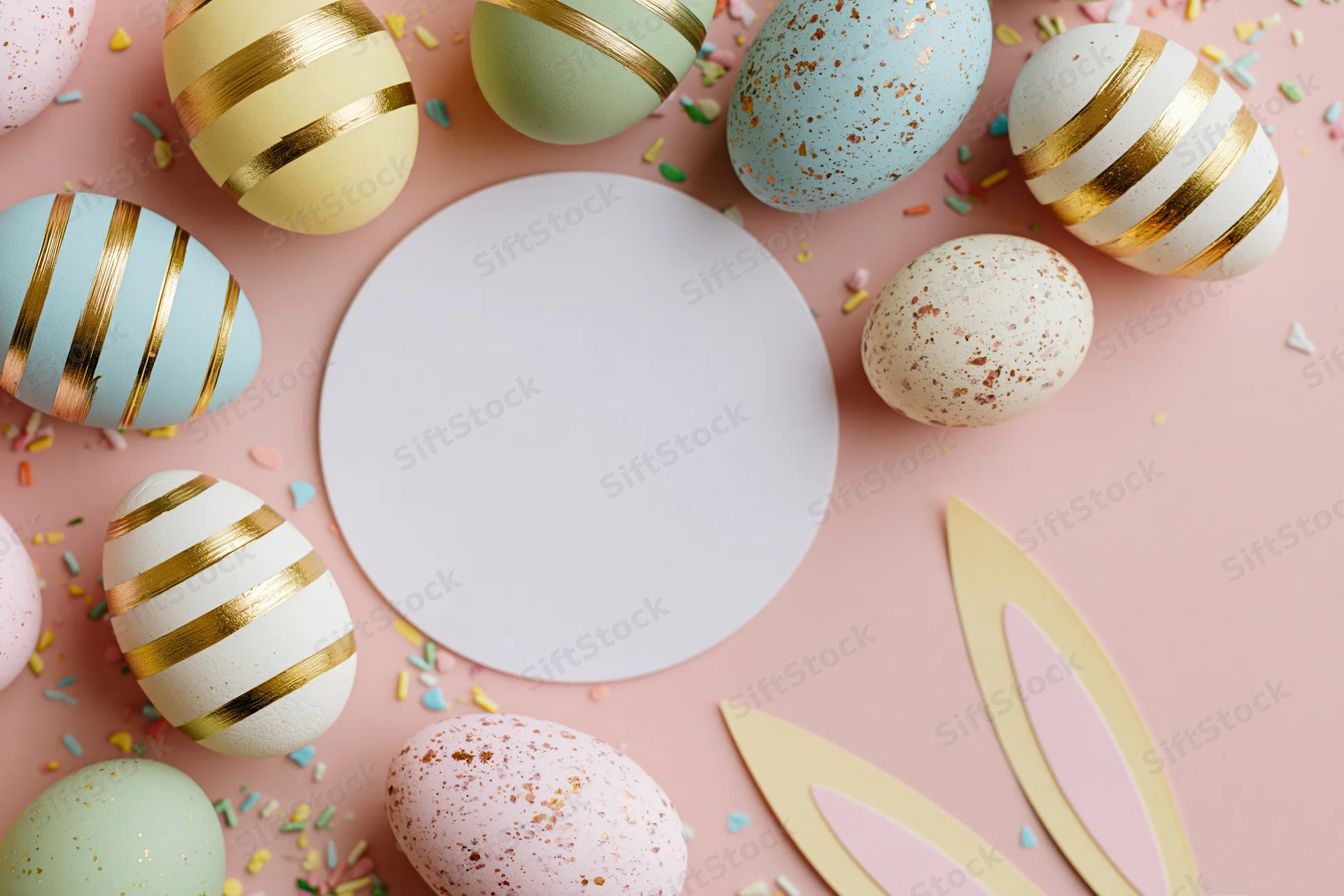 Decorated easter eggs arranged in a flat lay with gold stripes and speckles on pink background featuring bunny ears and confetti around a central white circle