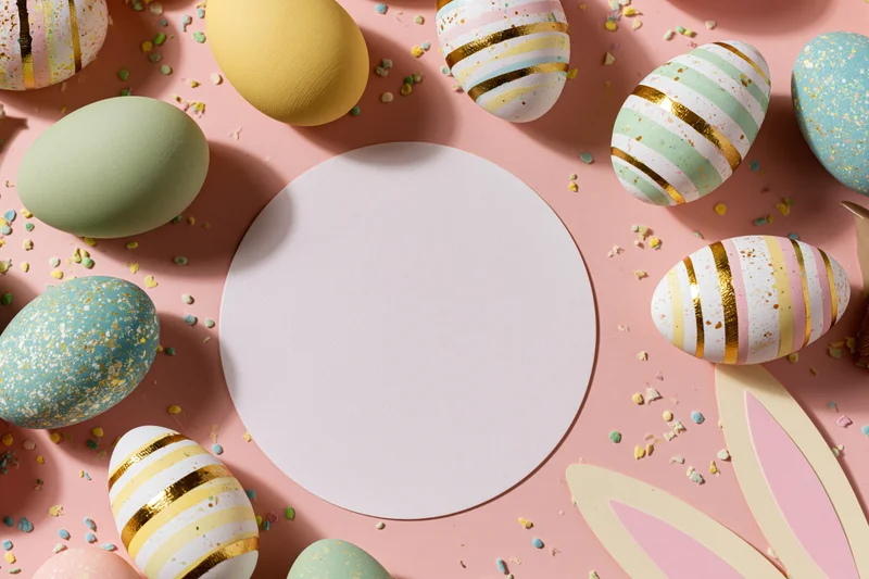 Decorated easter eggs arranged in a flat lay around a circular white space on a pink surface with bunny ears and confetti