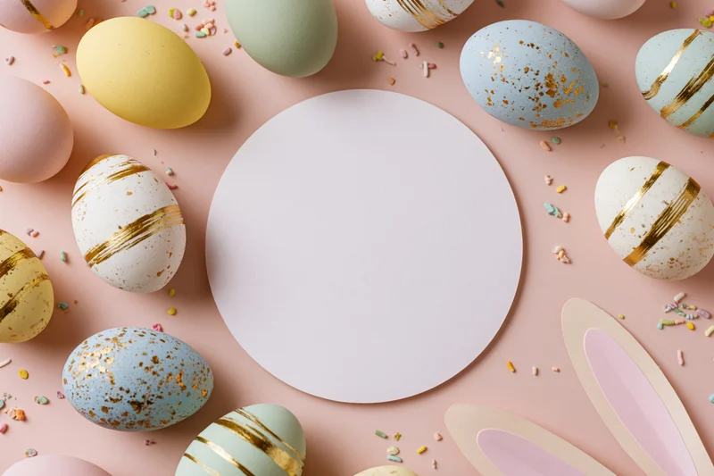 Decorated easter eggs in pastel colors arranged in flat lay with gold foil details and bunny ears on pink background