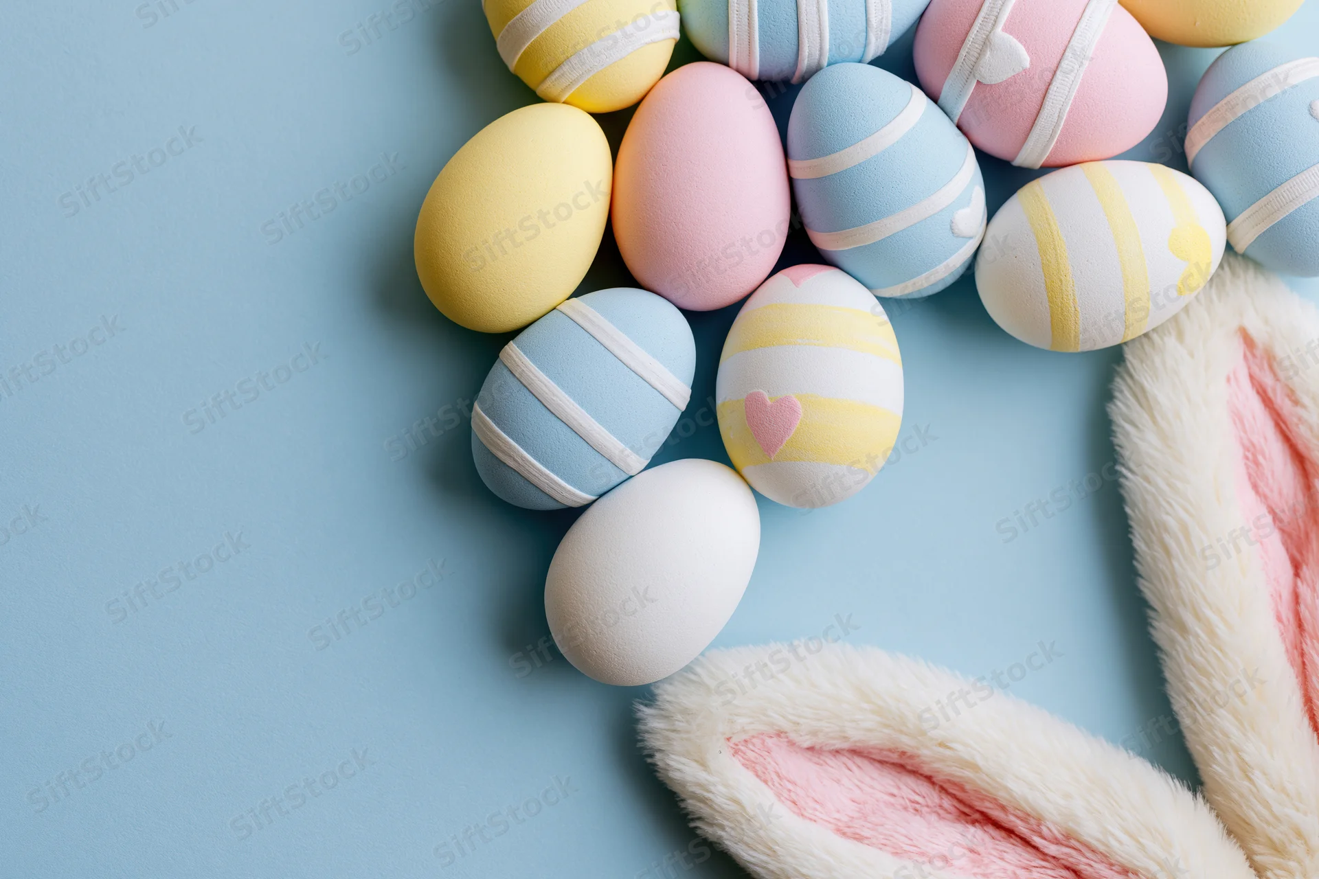 Decorated easter eggs and bunny ears arranged in a flat lay on a blue surface