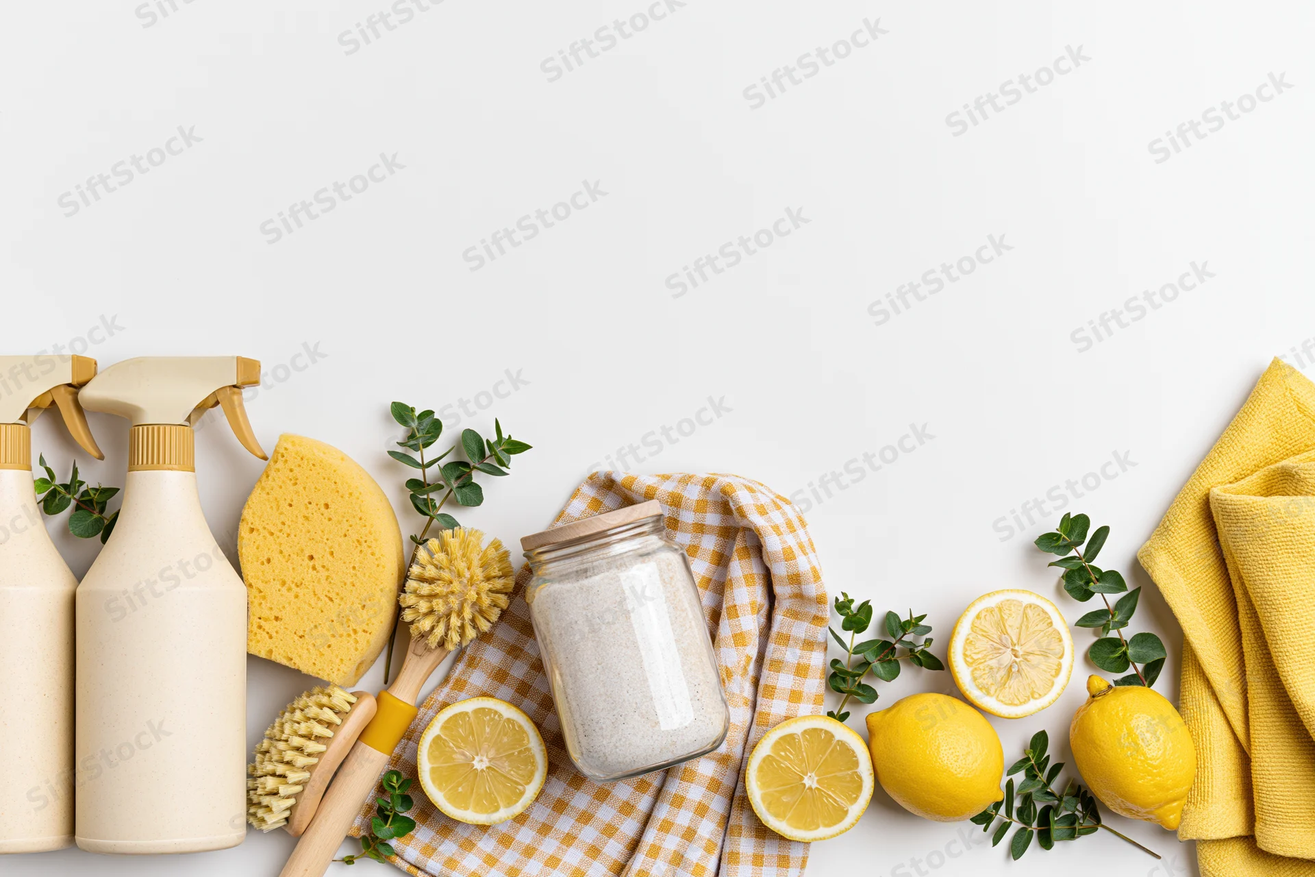 Eco-friendly cleaning supplies arranged in flat lay with lemons and greenery on white background