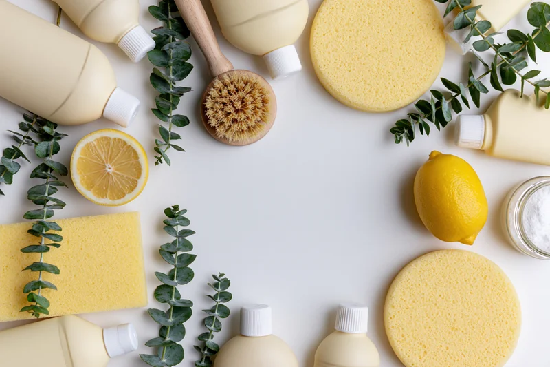 Eco-friendly cleaning supplies arranged in a circular flat lay with lemons and eucalyptus on white background