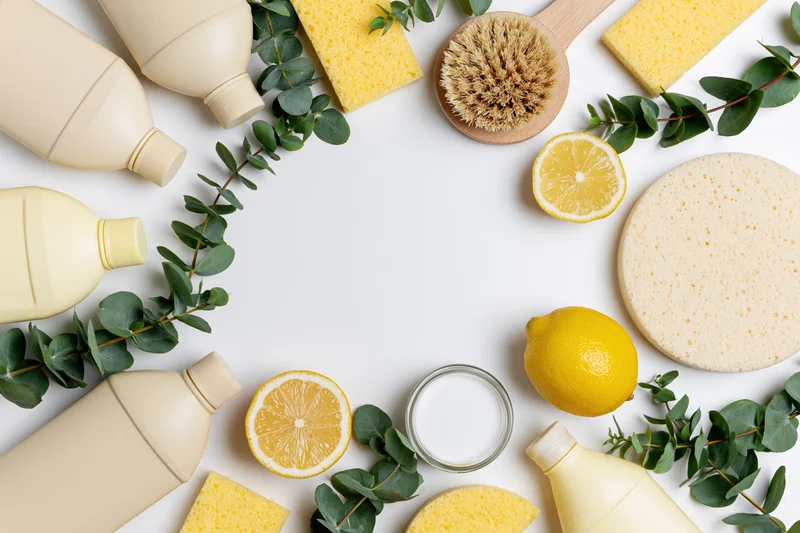 Eco-friendly cleaning supplies arranged in a circular flat lay on white surface with lemon slices and eucalyptus leaves