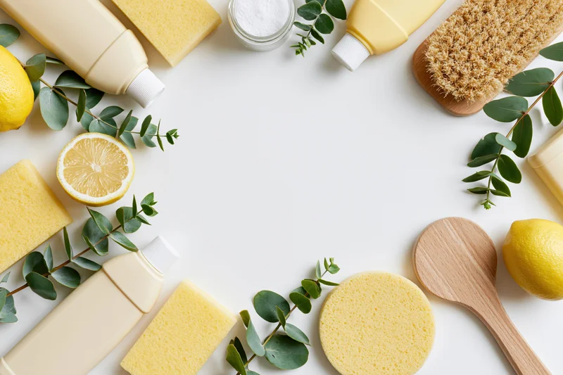 Eco-friendly cleaning supplies arranged in a circular flat lay on white surface with copyspace