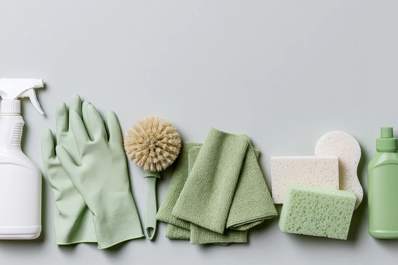 Eco-friendly cleaning supplies arranged in a row on a light gray surface