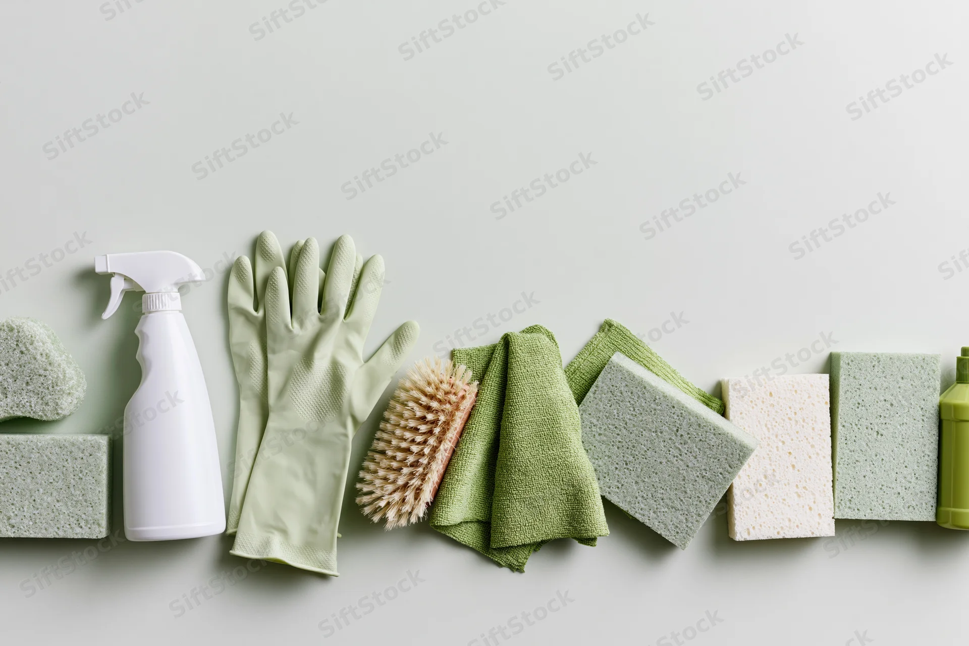 Eco-friendly cleaning supplies arranged in a row on a light surface