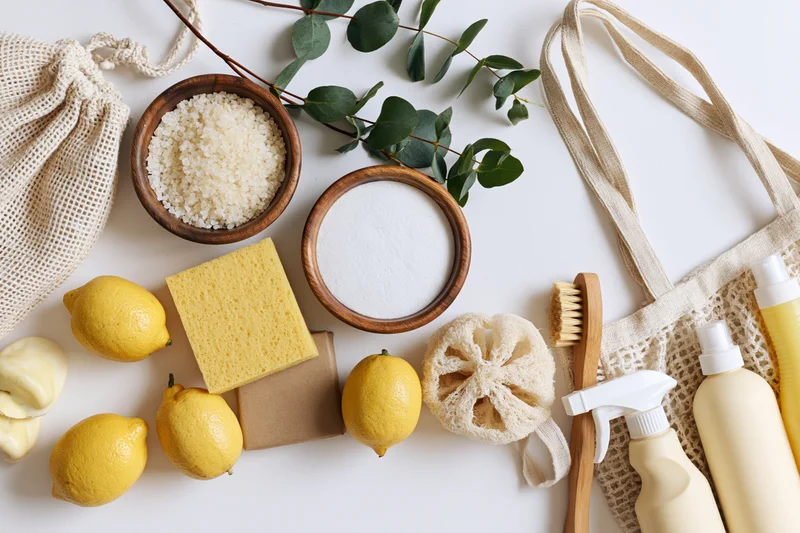 Eco-friendly cleaning supplies arranged in flat lay on white surface with lemons, sponges, brushes, and natural ingredients