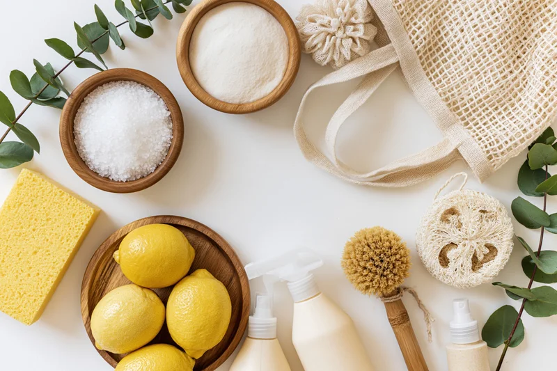 Eco-friendly cleaning supplies arranged in flat lay on white surface with lemons, sponges, brushes, and eucalyptus leaves