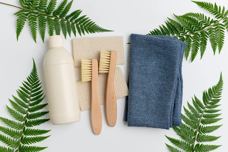 Eco-friendly cleaning supplies arranged in flat lay on white surface with fern leaves
