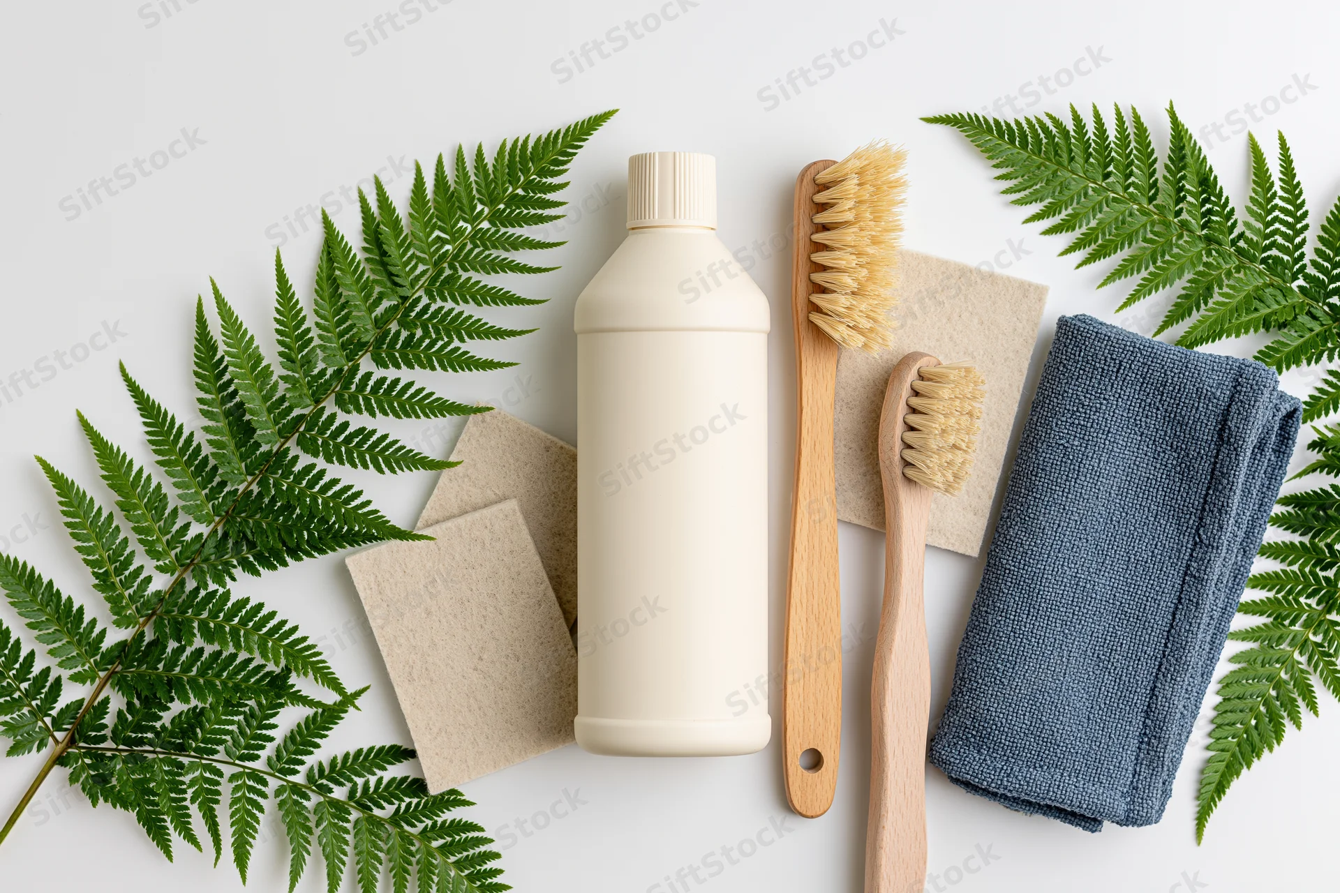 Eco-friendly cleaning supplies arranged in flat lay on white surface with fern leaves and reusable tools