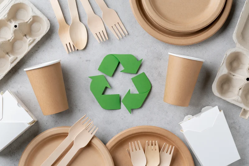Eco-friendly disposable tableware arranged in flat lay on gray surface with recycling symbol in center