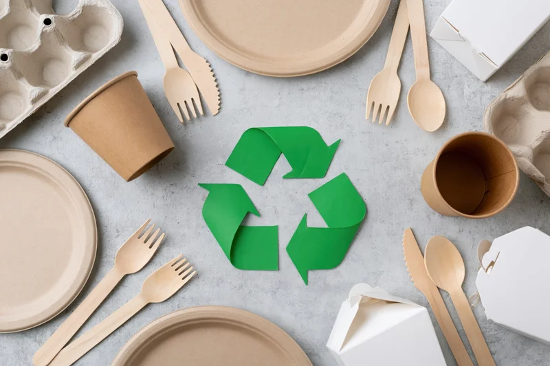 Eco-friendly disposable tableware arranged in flat lay around green recycling symbol on gray surface