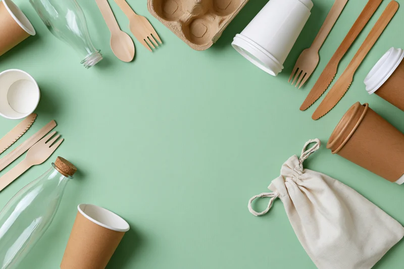 Eco-friendly disposable tableware arranged in a flat lay on a mint green background with copyspace
