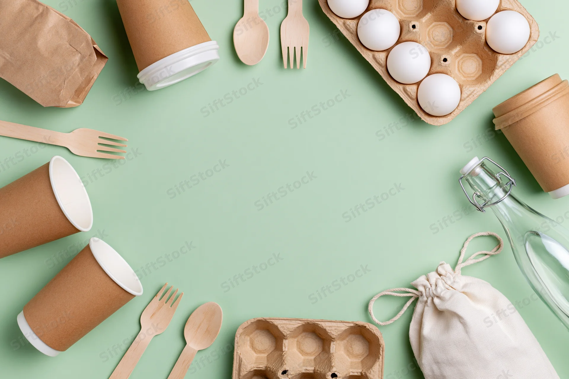 Eco-friendly disposable tableware arranged in a flat lay border on a green background with copyspace in center