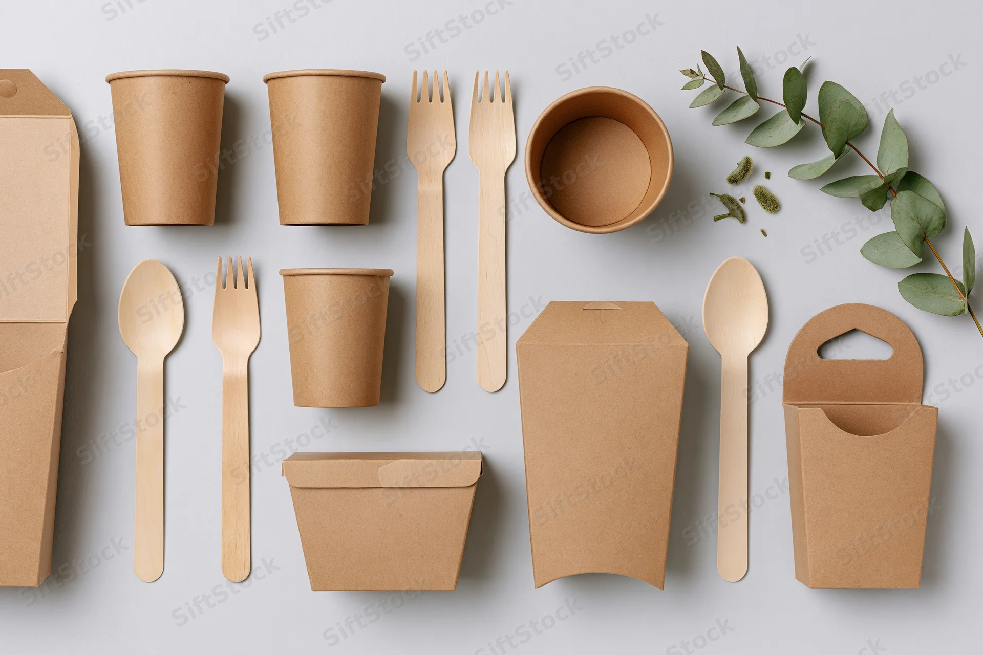Eco-friendly disposable tableware arranged in flat lay on light surface with eucalyptus leaves