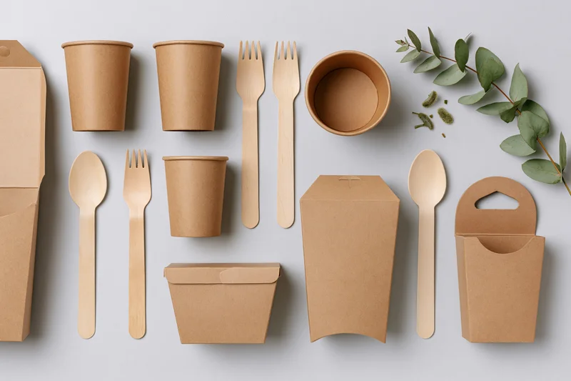 Eco-friendly disposable tableware arranged in flat lay on light surface with eucalyptus leaves