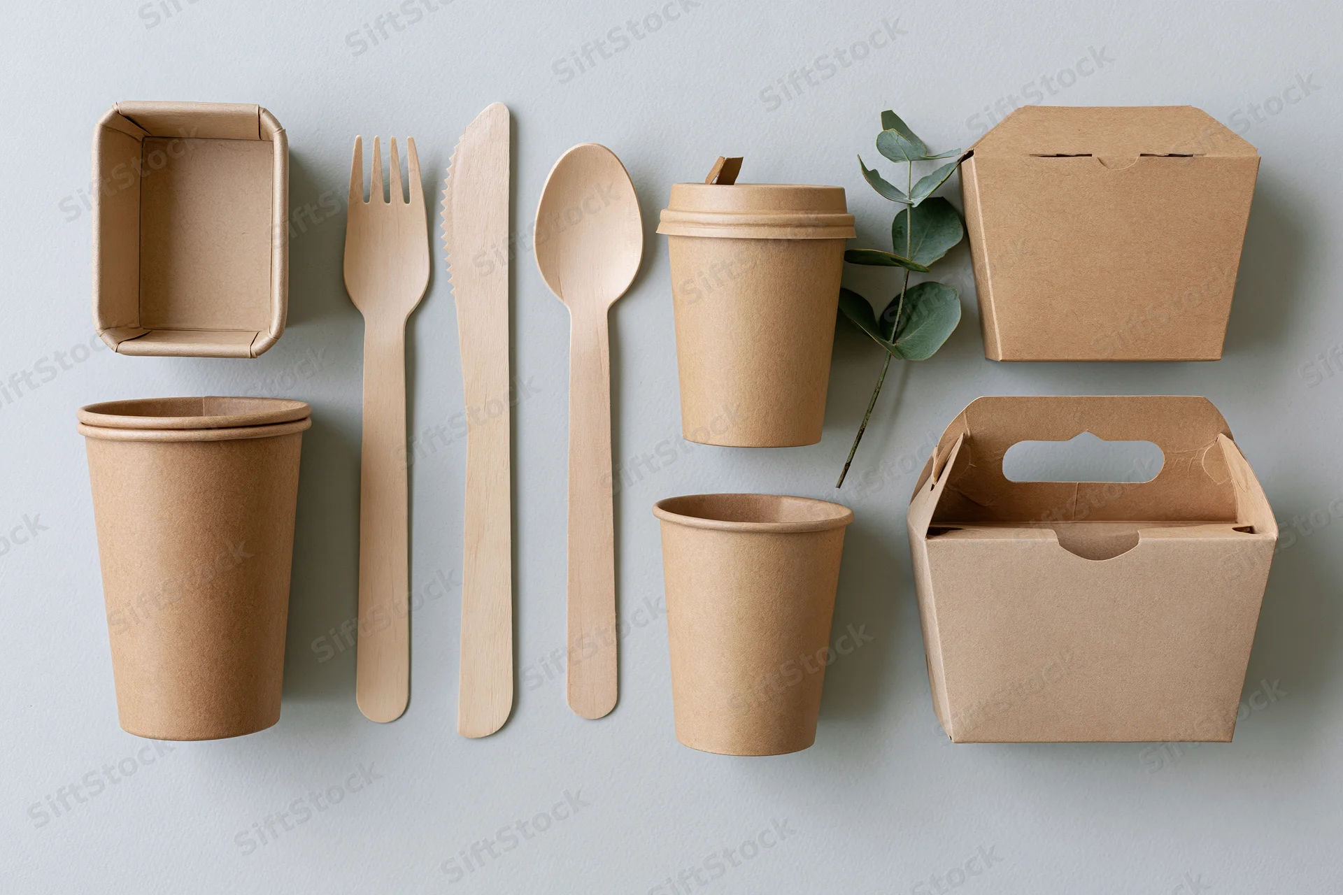 Eco-friendly disposable tableware arranged in flat lay on light surface