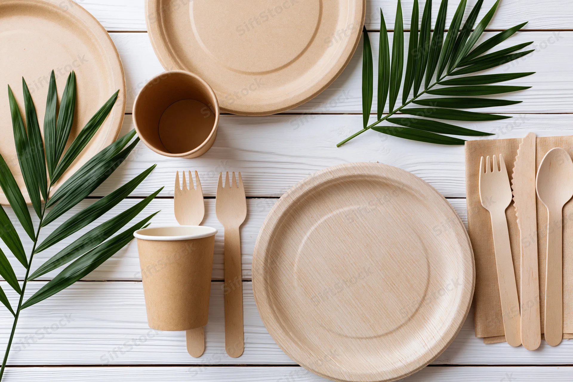 Eco-friendly disposable tableware arranged flat on white wooden surface with palm leaves