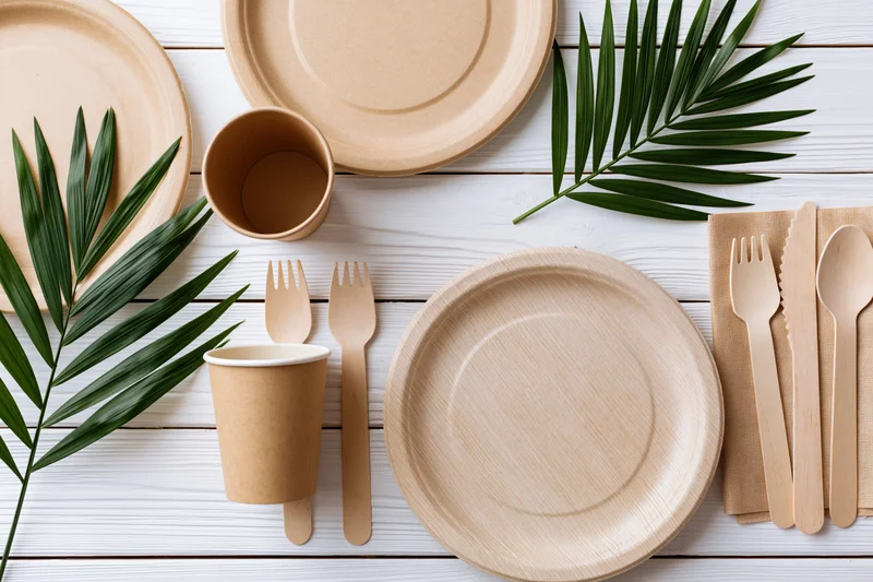 Eco-friendly disposable tableware arranged flat on white wooden surface with palm leaves