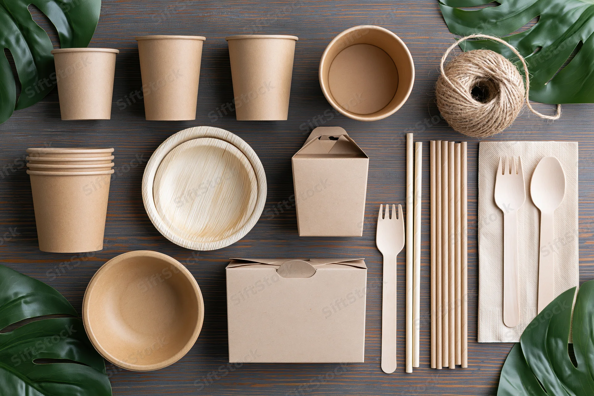 Eco-friendly disposable tableware arranged in flat lay on dark wood surface with monstera leaves