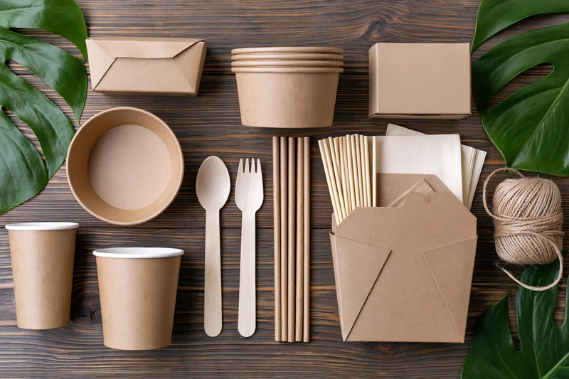 Eco-friendly disposable tableware arranged flat on wooden surface with monstera leaves