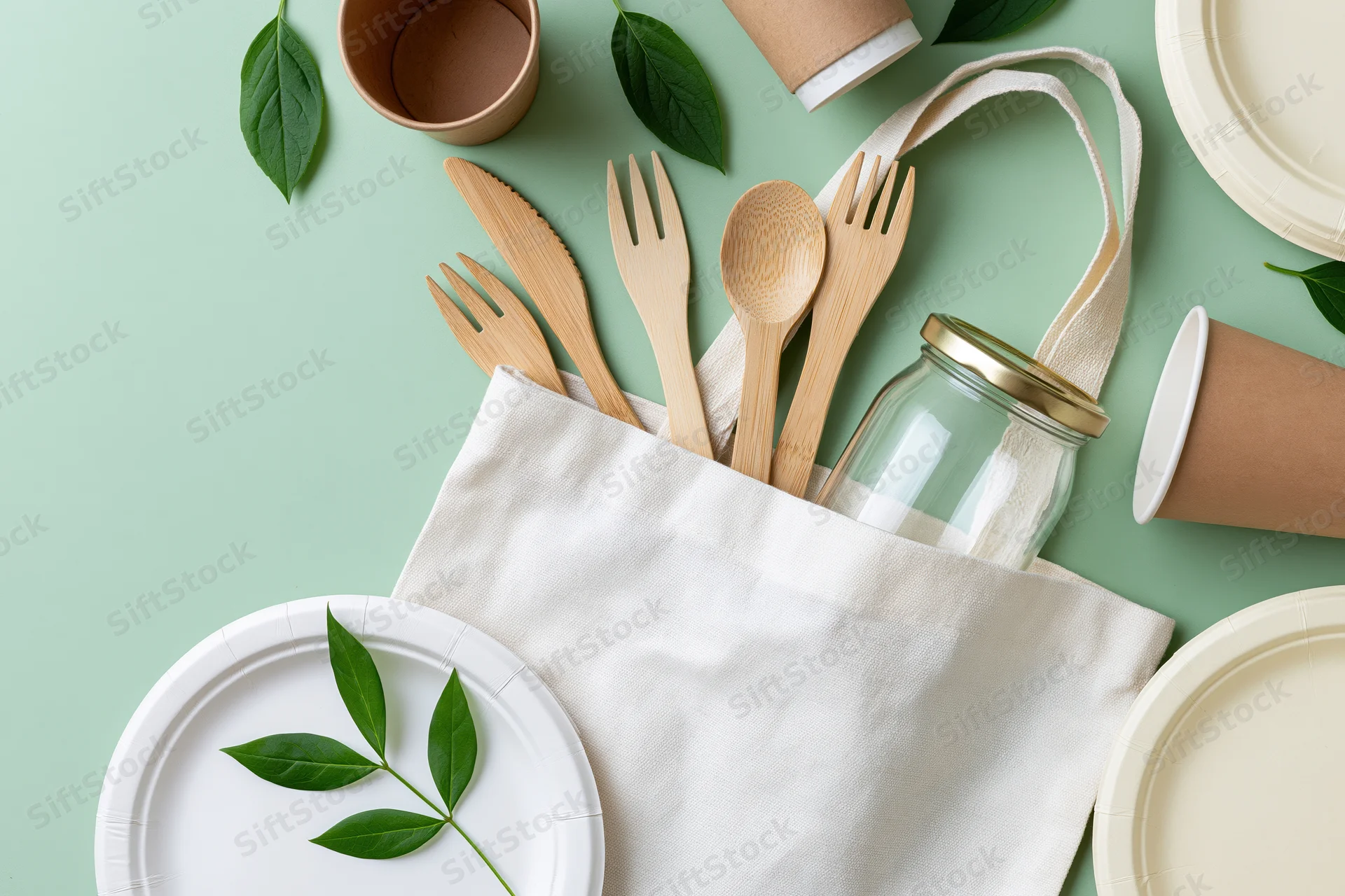 Reusable eco-friendly items spilling from a white tote bag on a green surface