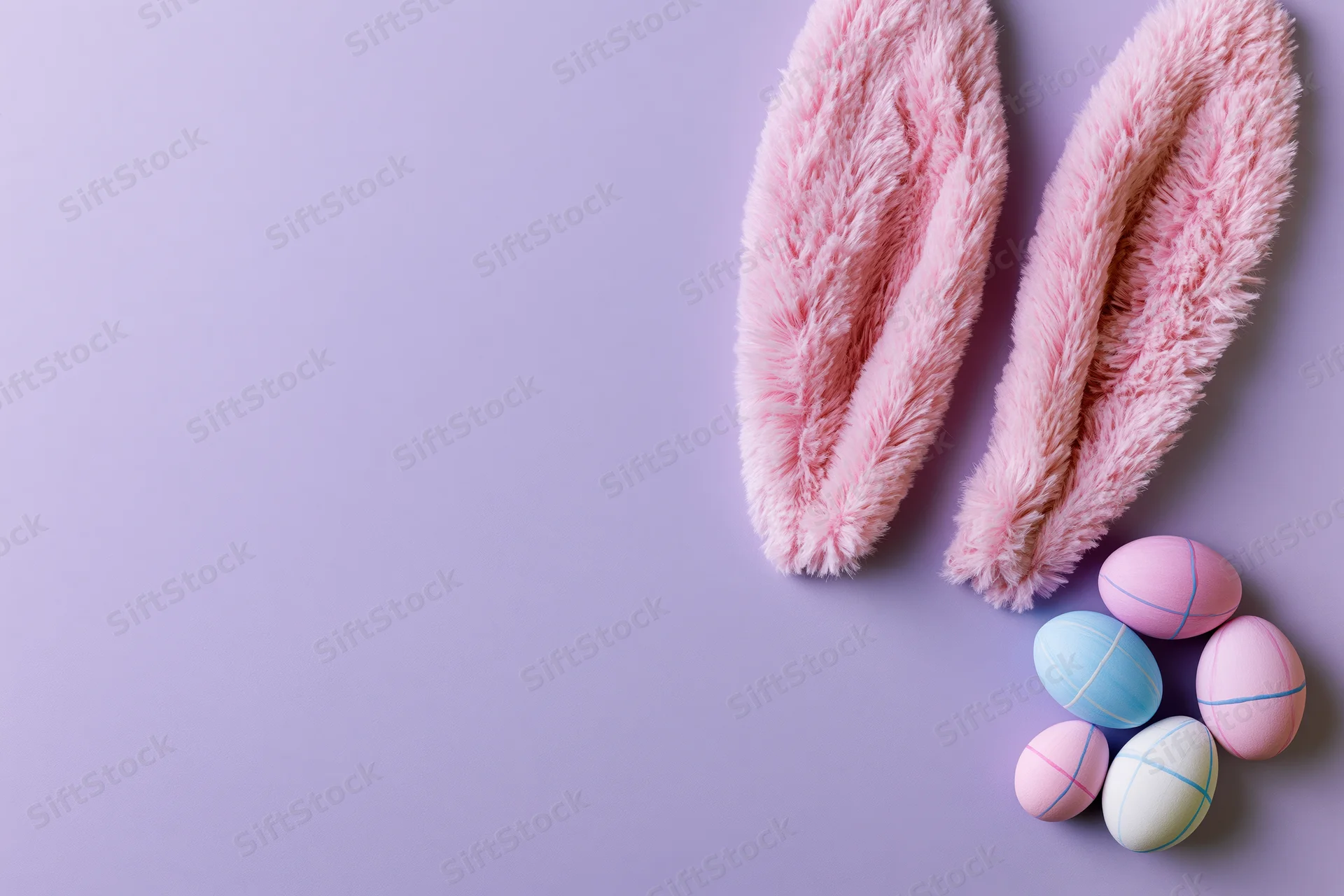 Fluffy pink plush bunny ears and pastel striped eggs arranged on a lavender background in a flat lay composition with copyspace