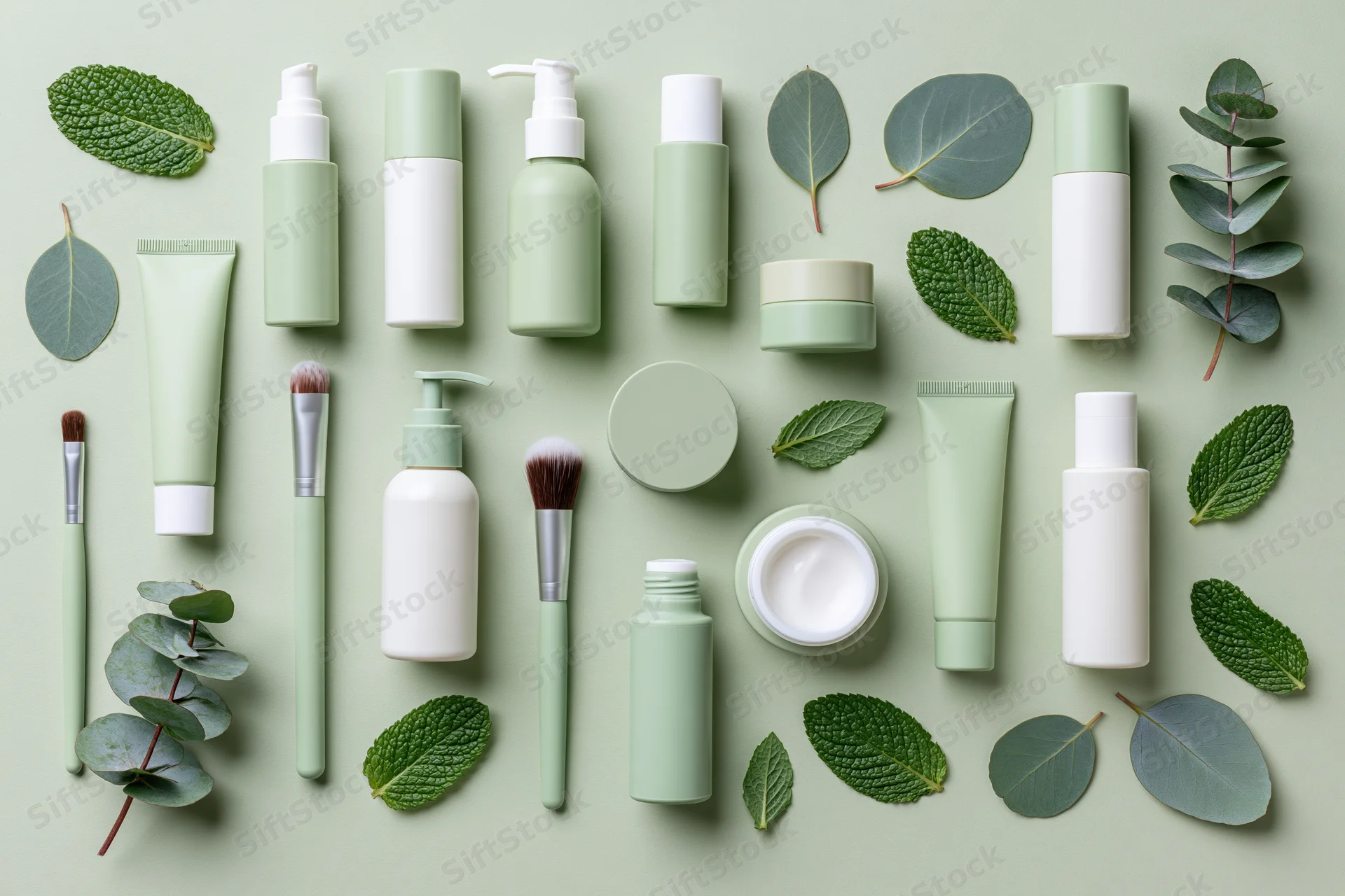 Green-toned skincare and beauty products arranged in flat lay with mint and eucalyptus leaves on pale green background