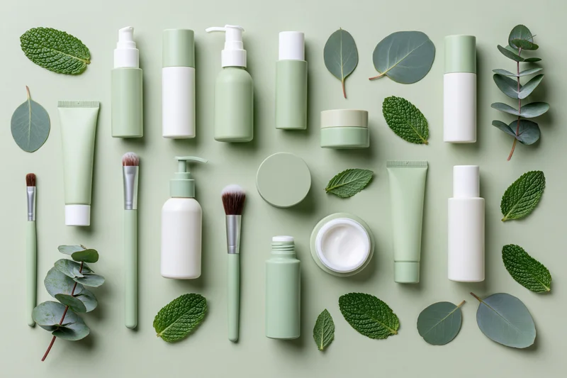 Green-toned skincare and beauty products arranged in flat lay with mint and eucalyptus leaves on pale green background
