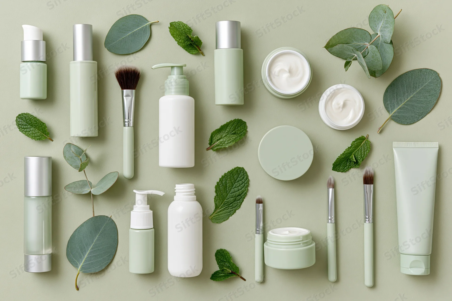 Green-toned skincare and beauty products arranged in flat lay with mint and eucalyptus leaves on neutral background