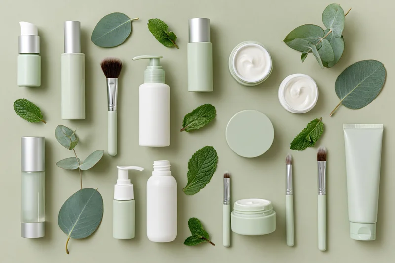 Green-toned skincare and beauty products arranged in flat lay with mint and eucalyptus leaves on neutral background