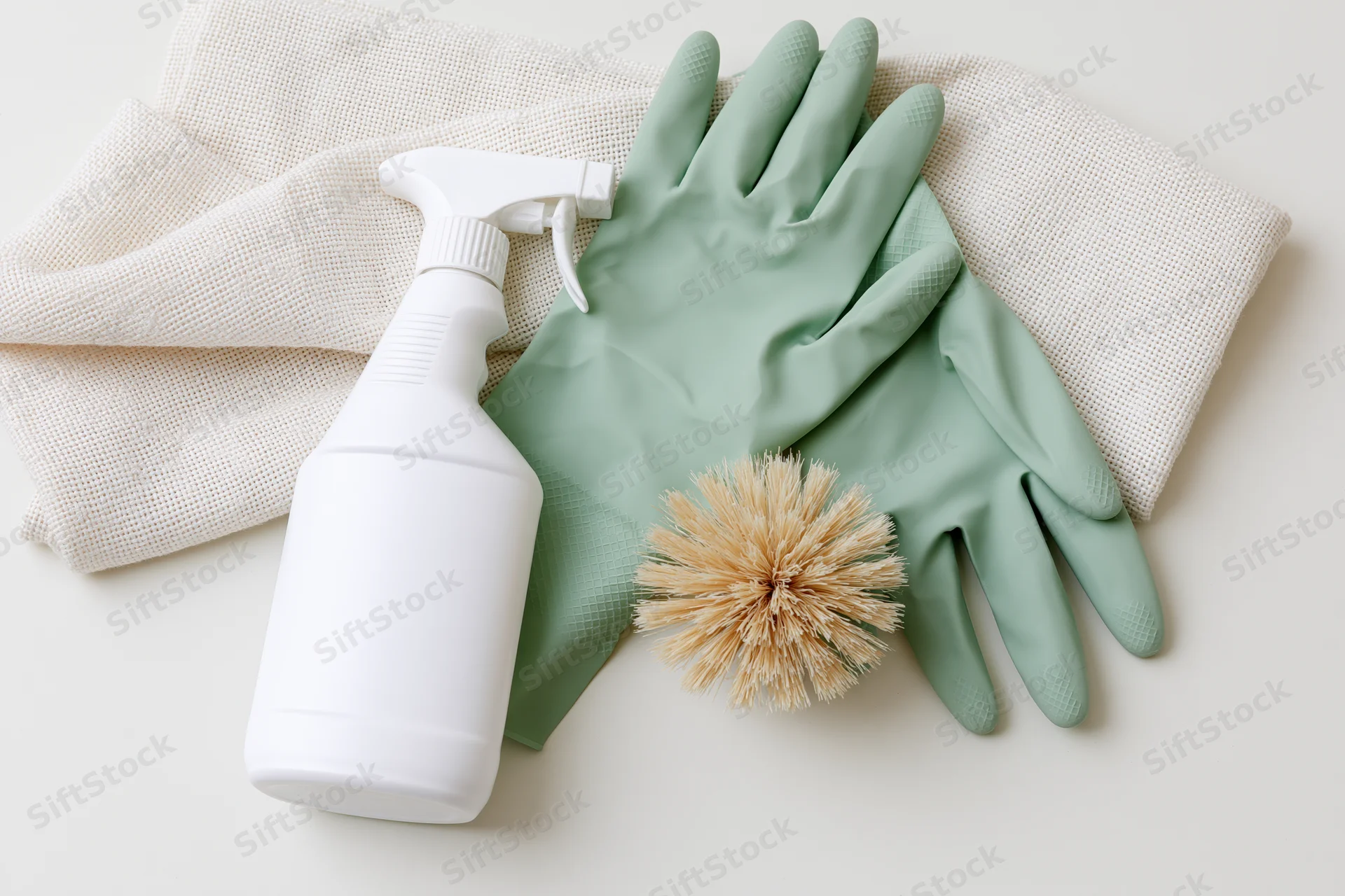 Green rubber cleaning gloves and white spray bottle with natural bristle brush and beige cloth arranged in flat lay on white surface