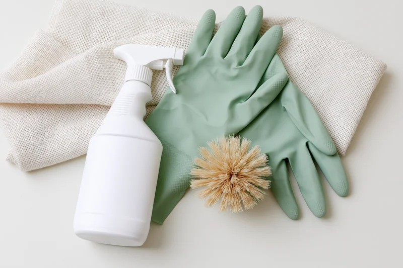 Green rubber cleaning gloves and white spray bottle with natural bristle brush and beige cloth arranged in flat lay on white surface