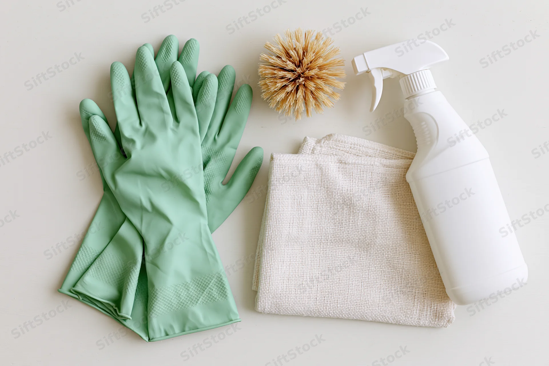 Green rubber cleaning gloves, white spray bottle, cloth, and brush arranged in flat lay on white surface
