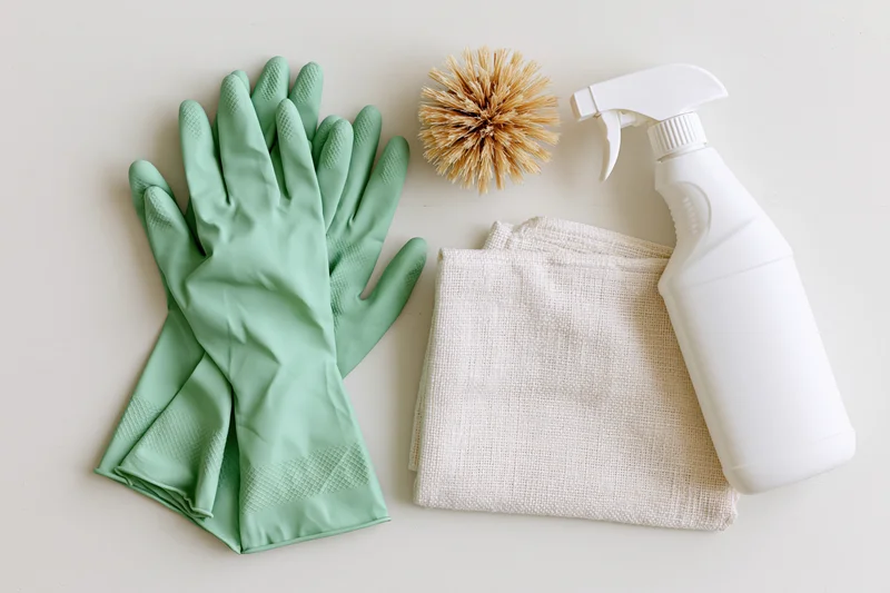 Green rubber cleaning gloves, white spray bottle, cloth, and brush arranged in flat lay on white surface