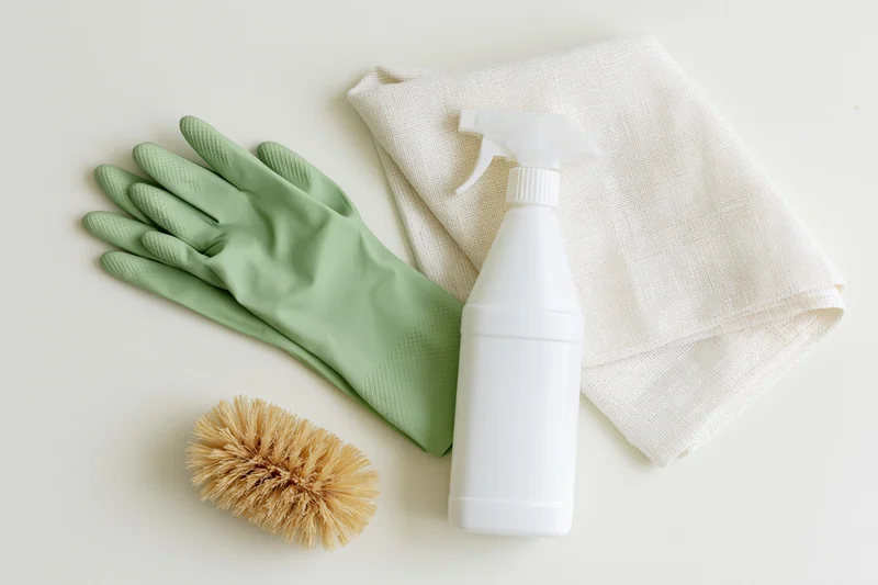 Green rubber cleaning gloves, white spray bottle, cloth, and brush arranged in flat lay on white surface