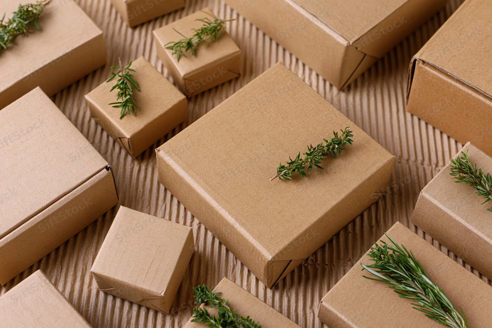 Multiple kraft cardboard boxes of various sizes arranged in flat lay with rosemary sprigs on textured surface