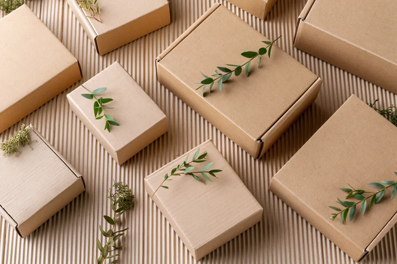 Multiple kraft cardboard boxes arranged in flat lay with greenery on striped surface