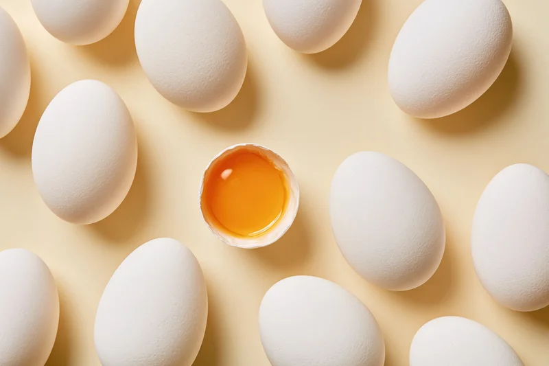 Multiple whole white chicken eggs arranged flat with one cracked open showing yolk in center on beige surface