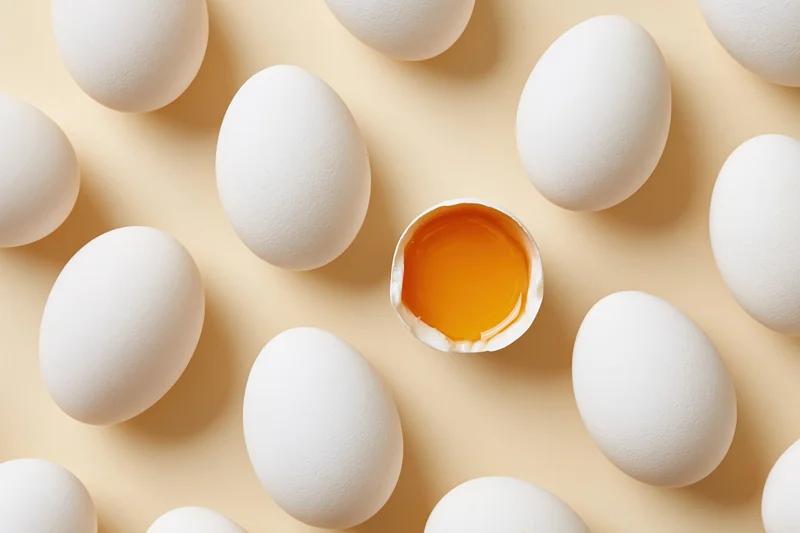 Multiple whole white chicken eggs arranged flat with one cracked open revealing yolk on beige surface