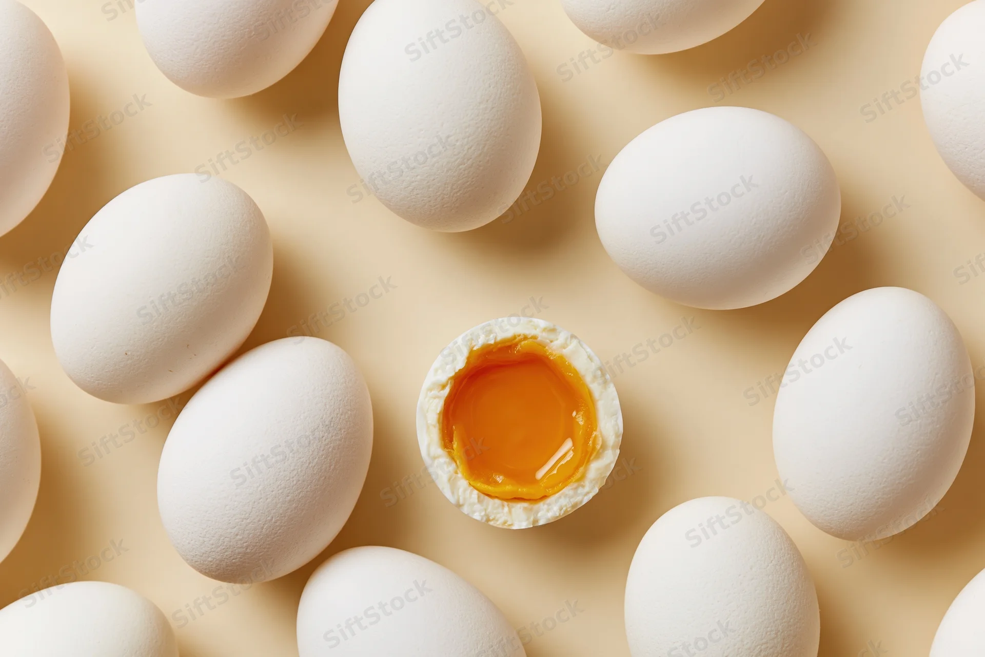 Multiple whole white chicken eggs arranged flat with one cracked open showing yolk on beige surface
