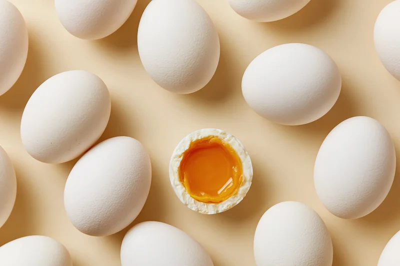 Multiple whole white chicken eggs arranged flat with one cracked open showing yolk on beige surface
