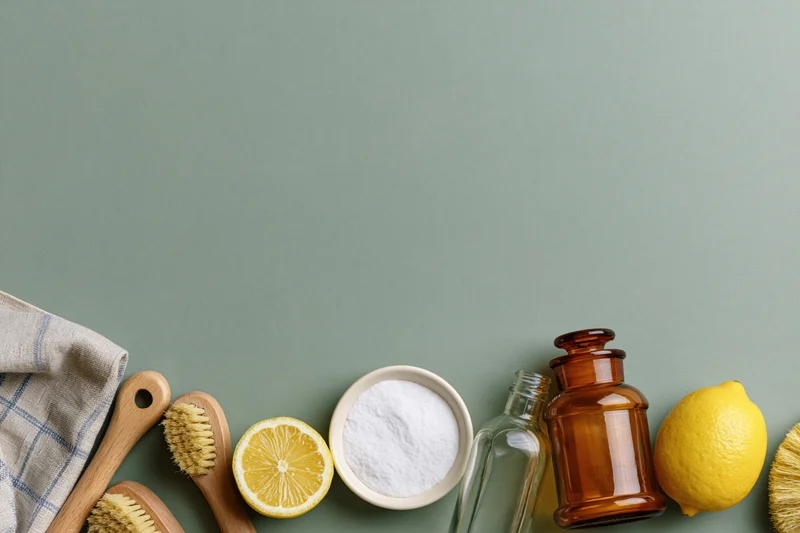 Natural cleaning supplies arranged in a flat lay along the bottom of a green background with copyspace above