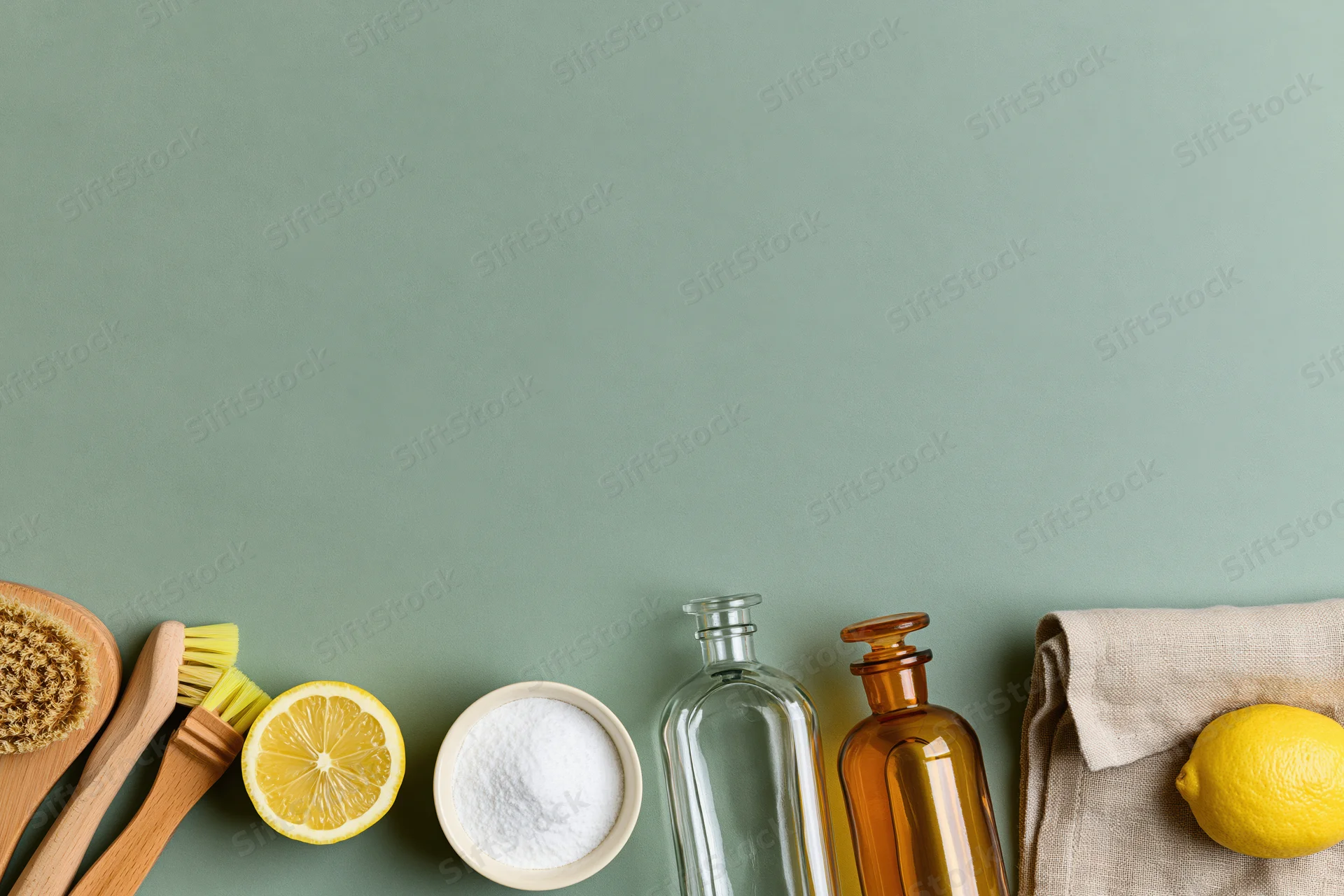 Natural cleaning supplies arranged in a flat lay along the bottom of a green surface