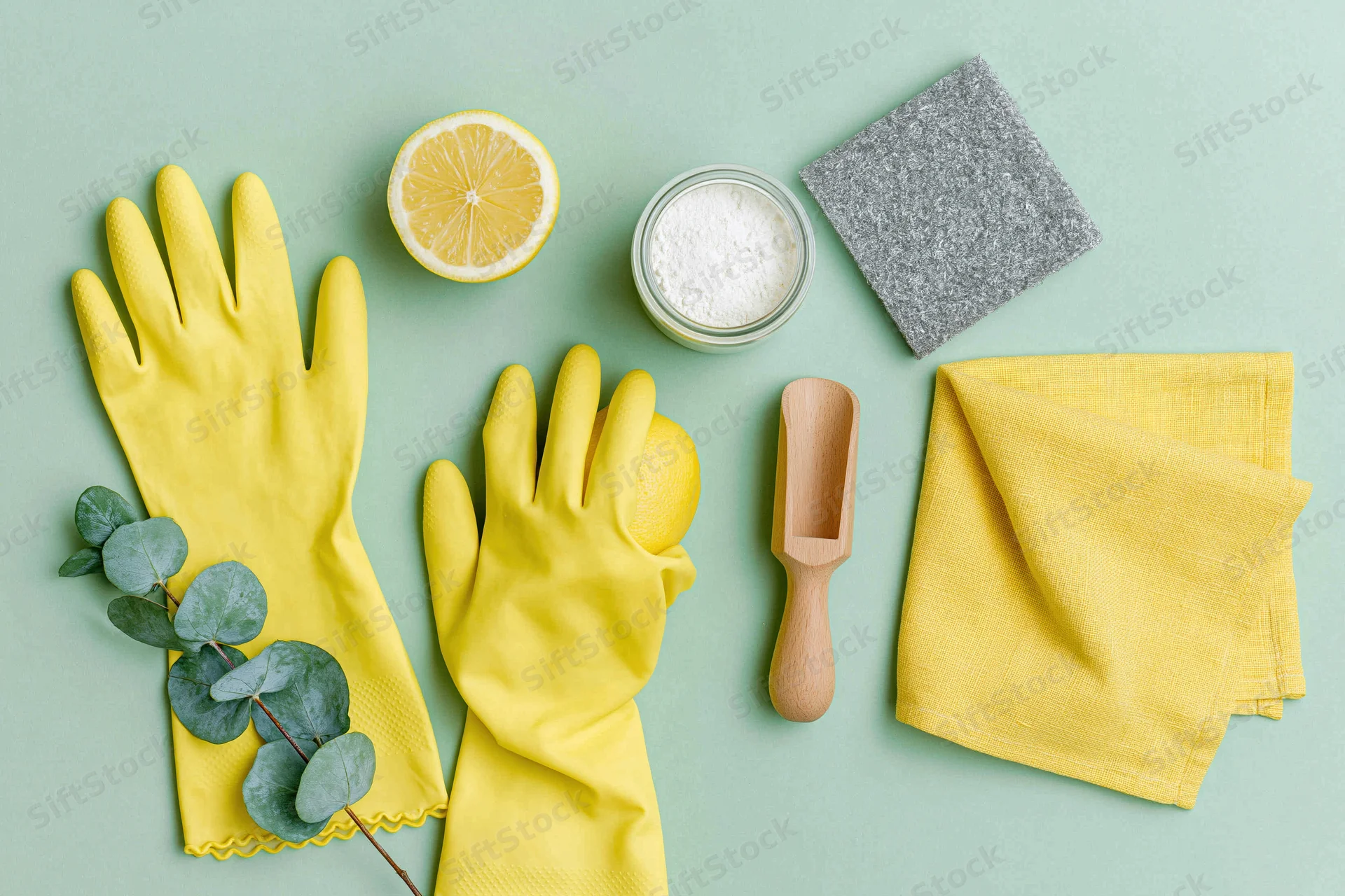 Natural cleaning supplies arranged in flat lay on mint green background